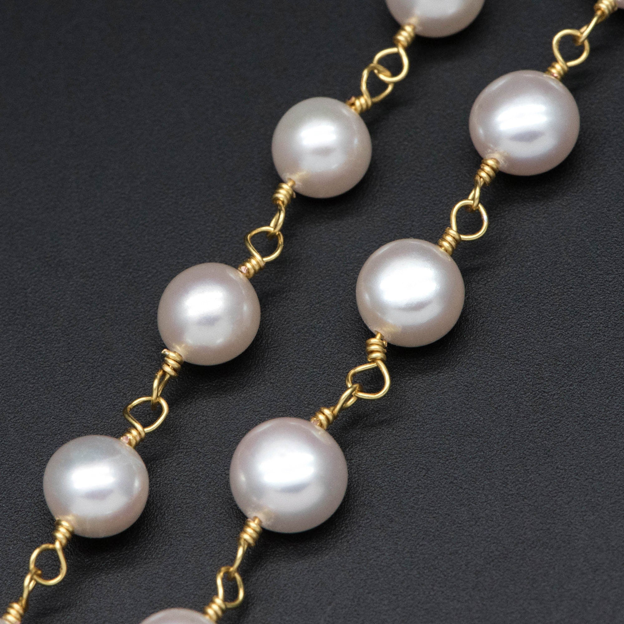 Natural Freshwater Pearl Chains, Gold Chain with 8mm Genuine Button Pearls (LK-485)/ 1 Meter=3.3 feet